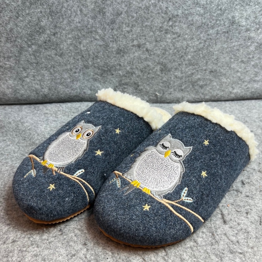 Lands End Womens Gray Felt Owl Embroidered Scuff Slippers Shearling Lined Size 8